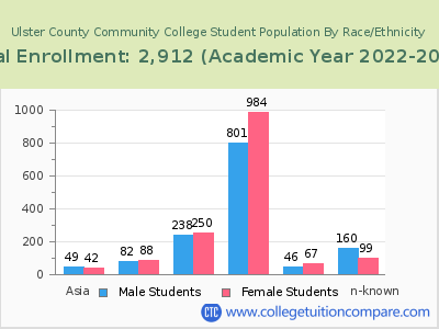 Ulster County Community College 2023 Student Population by Gender and Race chart