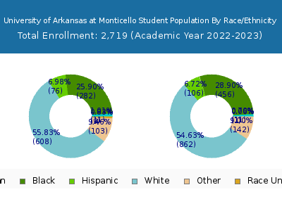 University of Arkansas at Monticello 2023 Student Population by Gender and Race chart