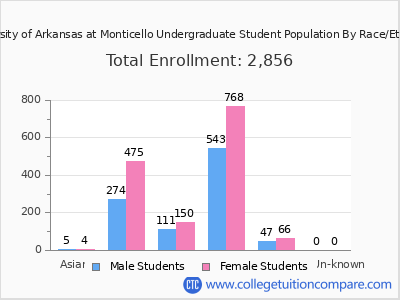 University of Arkansas at Monticello 2025 Undergraduate Enrollment by Gender and Race chart