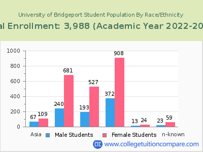 University of Bridgeport 2023 Student Population by Gender and Race chart