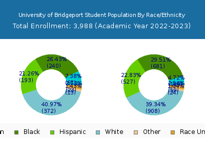 University of Bridgeport 2023 Student Population by Gender and Race chart