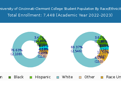 University of Cincinnati-Clermont College 2023 Student Population by Gender and Race chart