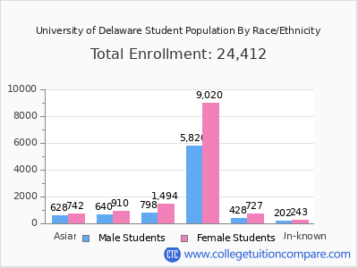 University of Delaware 2025 Student Population by Gender and Race chart