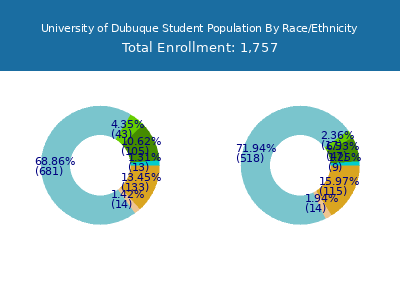 University of Dubuque 2025 Student Population by Gender and Race chart