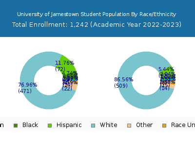 University of Jamestown 2023 Student Population by Gender and Race chart