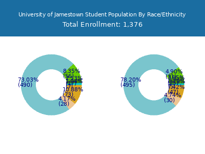 University of Jamestown 2025 Student Population by Gender and Race chart