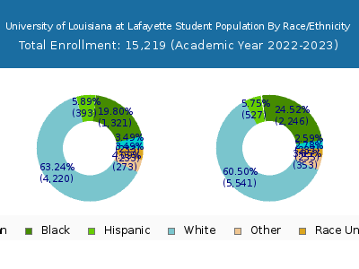 University of Louisiana at Lafayette 2023 Student Population by Gender and Race chart