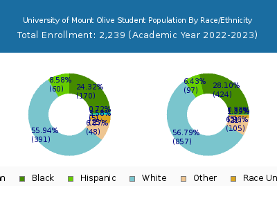 University of Mount Olive 2023 Student Population by Gender and Race chart