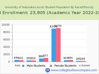 University of Nebraska-Lincoln 2023 Student Population by Gender and Race chart