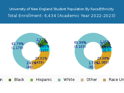 University of New England 2023 Student Population by Gender and Race chart