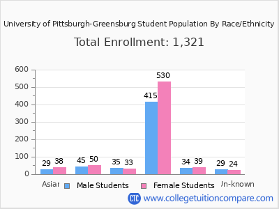 University of Pittsburgh-Greensburg 2025 Student Population by Gender and Race chart