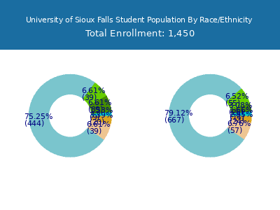 University of Sioux Falls 2025 Student Population by Gender and Race chart