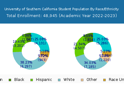 University of Southern California 2023 Student Population by Gender and Race chart