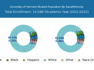 University of Vermont 2023 Student Population by Gender and Race chart
