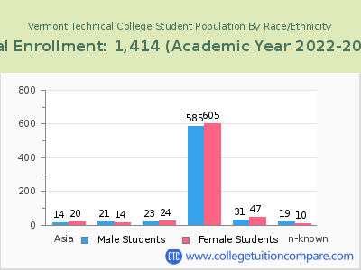 Vermont Technical College 2023 Student Population by Gender and Race chart