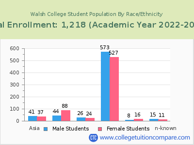 Walsh College 2023 Student Population by Gender and Race chart