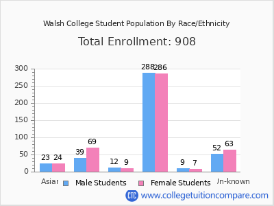 Walsh College 2025 Student Population by Gender and Race chart
