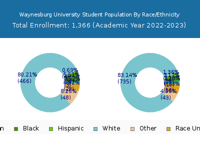 Waynesburg University 2023 Student Population by Gender and Race chart