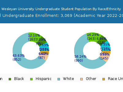 Wesleyan University 2023 Undergraduate Enrollment by Gender and Race chart