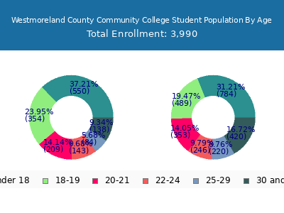 Westmoreland County Community College 2025 Student Population Age Diversity Pie chart