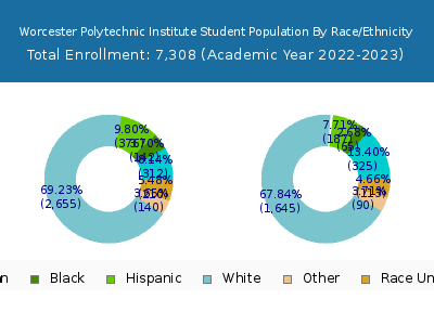 Worcester Polytechnic Institute 2023 Student Population by Gender and Race chart