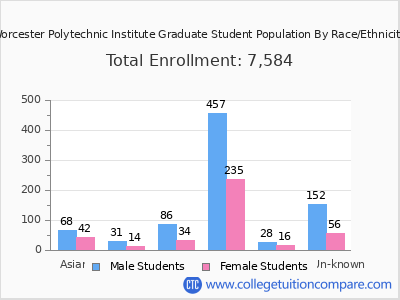Worcester Polytechnic Institute 2025 Graduate Enrollment by Gender and Race chart