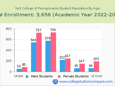 York College of Pennsylvania 2023 Student Population by Age chart